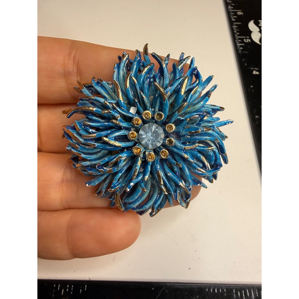 Vintage Sarah Coventry Blue Enamel Flower Brooch Rhinestone Gold Tone Pin